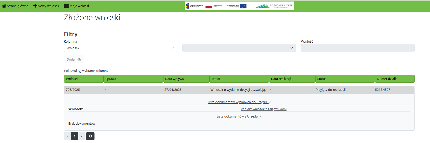 Widok listy z moimi wnioskami Widok listy z moimi wnioskami