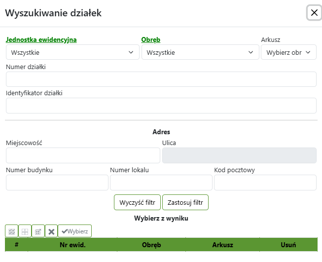 Widok okna wyszukiwania działek Widok okna wyszukiwania działek