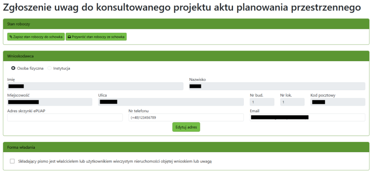 Widok części zgłoszenia z obszarem wnioskodawcy i formy władania Widok części zgłoszenia z obszarem wnioskodawcy i formy władania