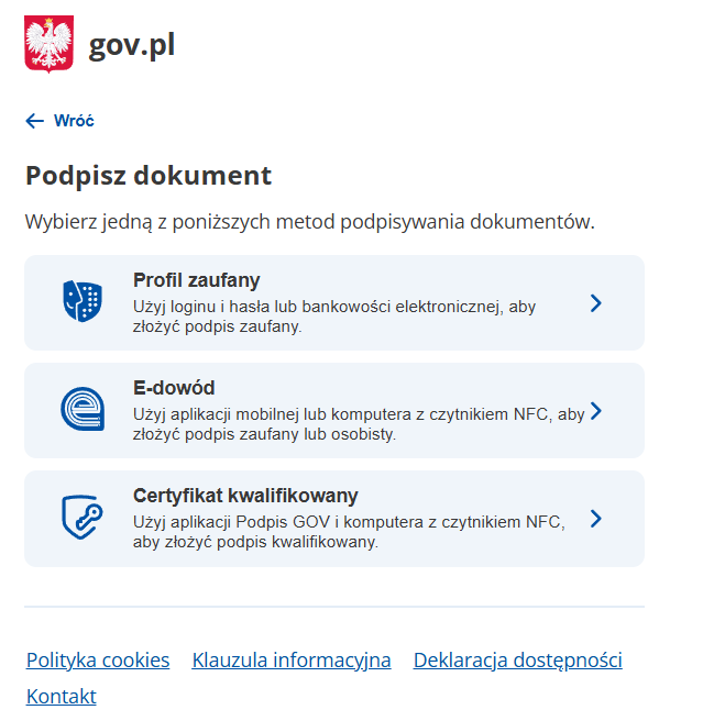 Widok części okna witryny do składania podpisu kwalifikowanego/zaufanego Widok części okna witryny do składania podpisu kwalifikowanego/zaufanego