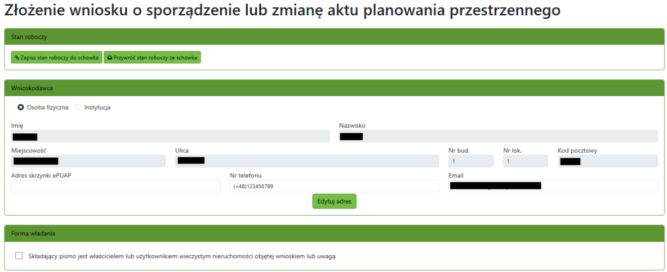 Widok części zgłoszenia z obszarem wnioskodawcy i formy władania Widok części zgłoszenia z obszarem wnioskodawcy i formy władania