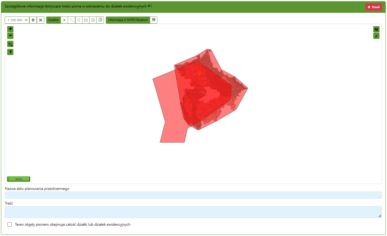 Widok części zgłoszenia z obszarem do wskazania konkretnej działki na mapie Widok części zgłoszenia z obszarem do wskazania konkretnej działki na mapie