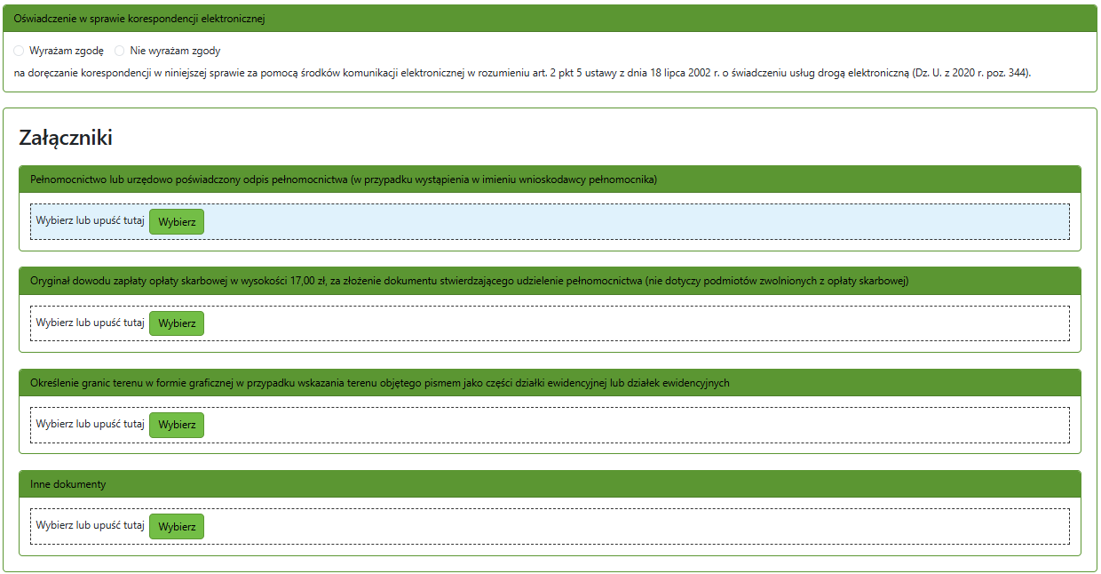 Widok części zgłoszenia z oświadczeniem i polem do wprowadzenia załączników Widok części zgłoszenia z oświadczeniem i polem do wprowadzenia załączników