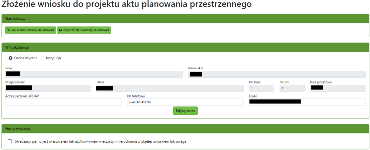 Widok części wniosku z obszarem danych wnioskodawcy i formy władania Widok części wniosku z obszarem danych wnioskodawcy i formy władania