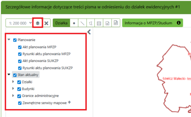 Widok opcji prezentacji treści planów na mapie Widok opcji prezentacji treści planów na mapie