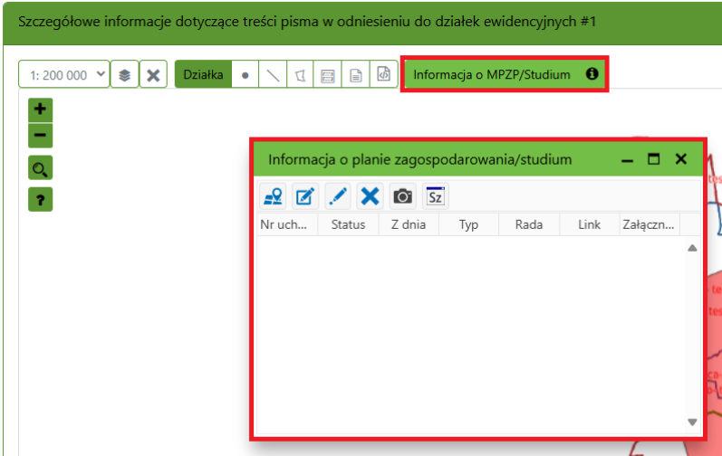 Widok opcji wyświetlenia informacji o MPZP i Studium Widok opcji wyświetlenia informacji o MPZP i Studium