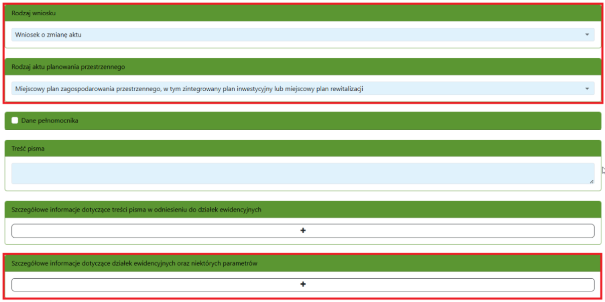 Widok części wniosku z zaznaczonymi sekcjami Widok części wniosku z zaznaczonymi sekcjami