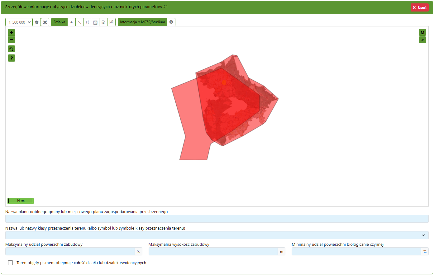 Widok okna szczegółowych informacji dotyczących działek ewidencyjnych oraz niektórych parametrów Widok okna szczegółowych informacji dotyczących działek ewidencyjnych oraz niektórych parametrów