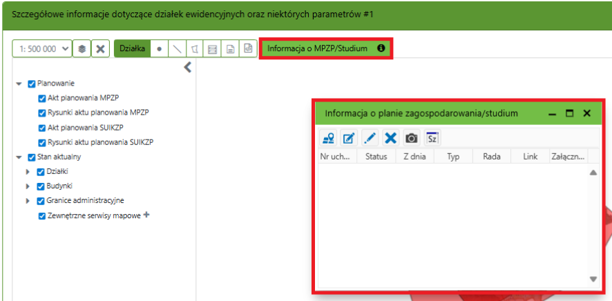 Widok opcji wyświetlenia informacji o MPZP i Studium Widok opcji wyświetlenia informacji o MPZP i Studium