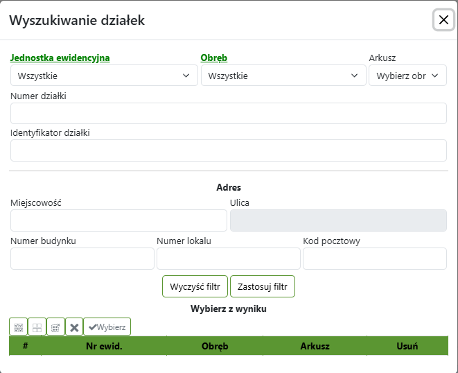 Widok okna wyszukiwania działek po atrybutach Widok okna wyszukiwania działek po atrybutach
