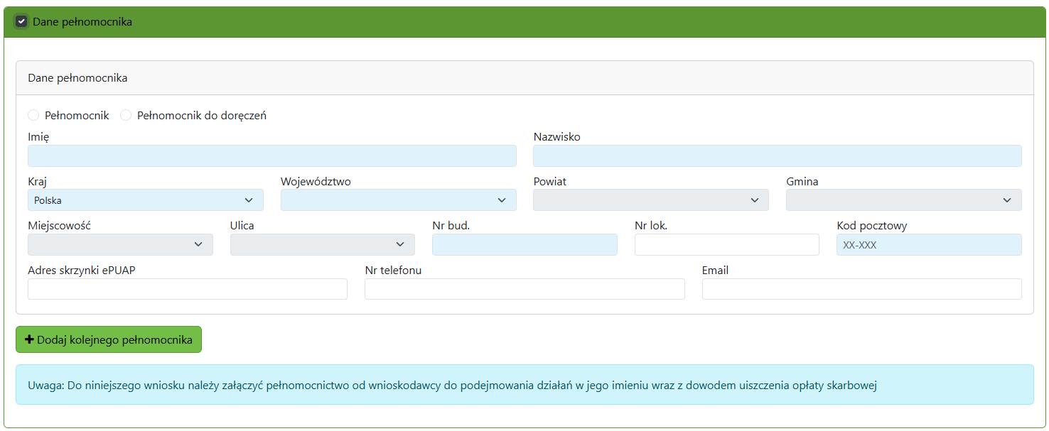 Widok części zgłoszenia z obszarem danych pełnomocnika Widok części zgłoszenia z obszarem danych pełnomocnika