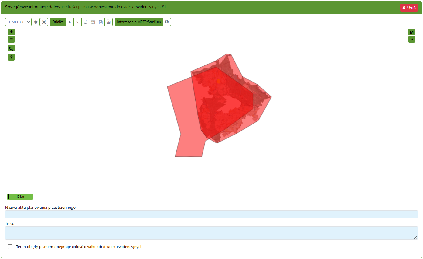 Widok części zgłoszenia z obszarem do wskazania konkretnej działki na mapie Widok części zgłoszenia z obszarem do wskazania konkretnej działki na mapie