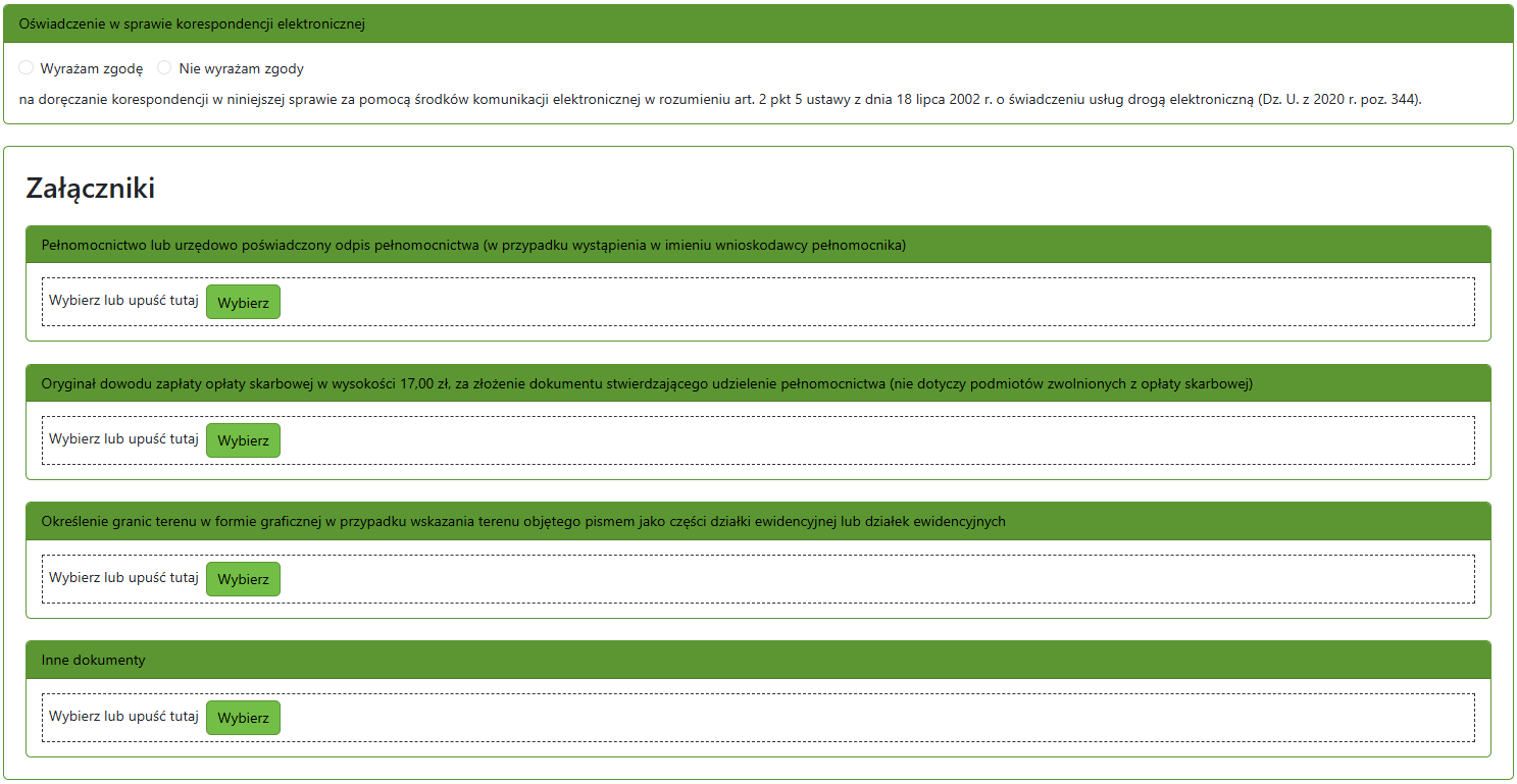 Widok części zgłoszenia z oświadczeniem i polem do wprowadzenia załączników Widok części zgłoszenia z oświadczeniem i polem do wprowadzenia załączników