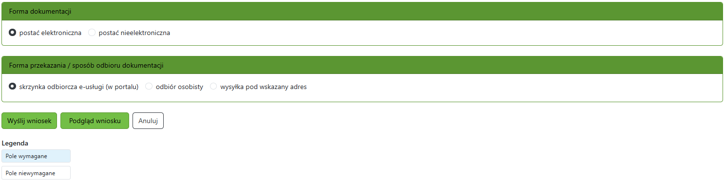 Widok części zgłoszenia z oświadczeniami dotyczącymi formy dokumentacji Widok części zgłoszenia z oświadczeniami dotyczącymi formy dokumentacji