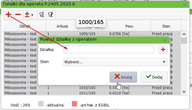 Widok okien powiązania działek z operatem Widok okien powiązania działek z operatem