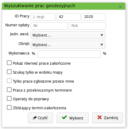 Okno wyszukiwania prac geodezyjnych Okno wyszukiwania prac geodezyjnych