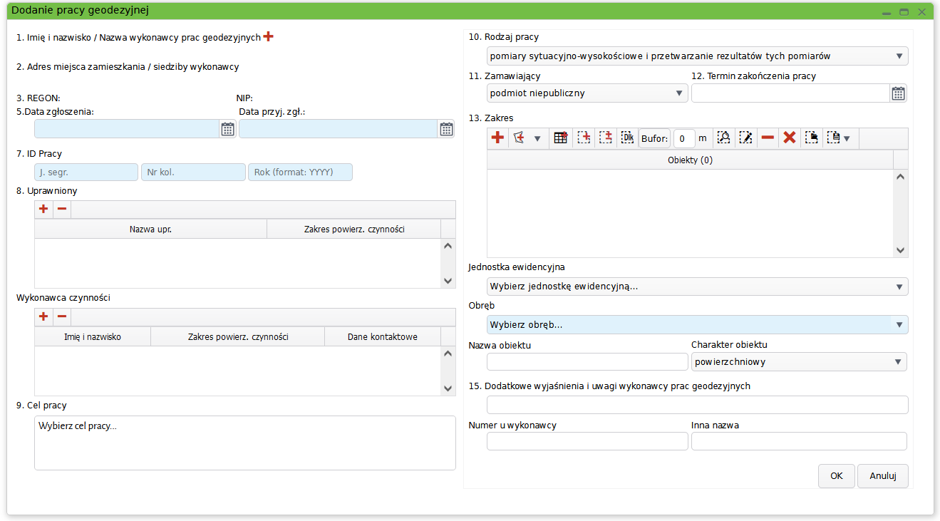 Widok okna dodawania nowej pracy geodezyjnej Widok okna dodawania nowej pracy geodezyjnej