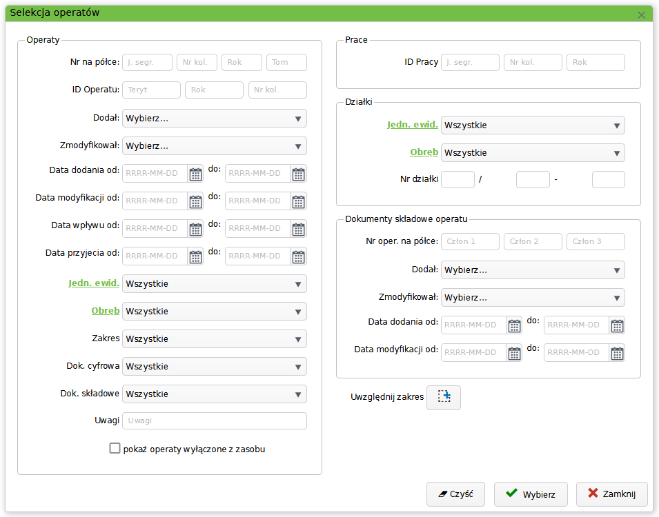 Okno selekcji operatów Okno selekcji operatów