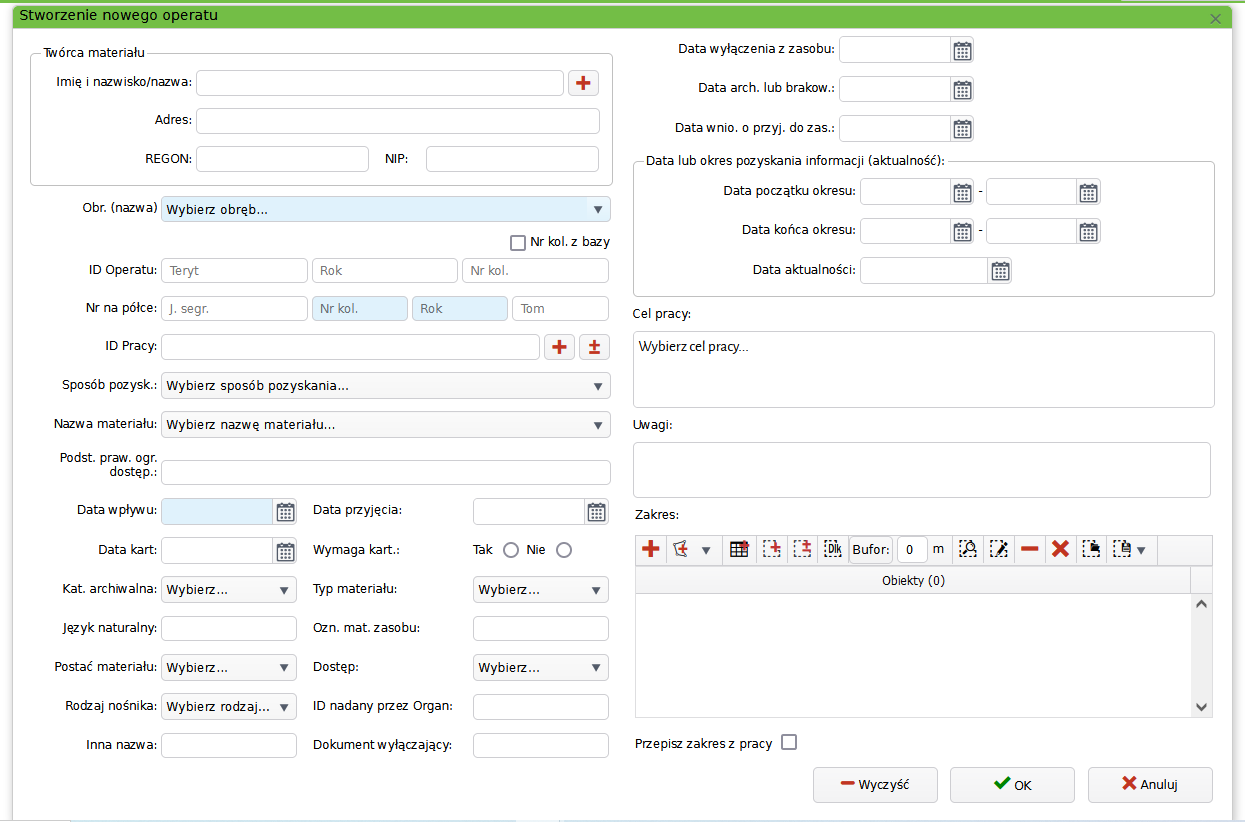 Widok okna stworzenia nowego operatu Widok okna stworzenia nowego operatu