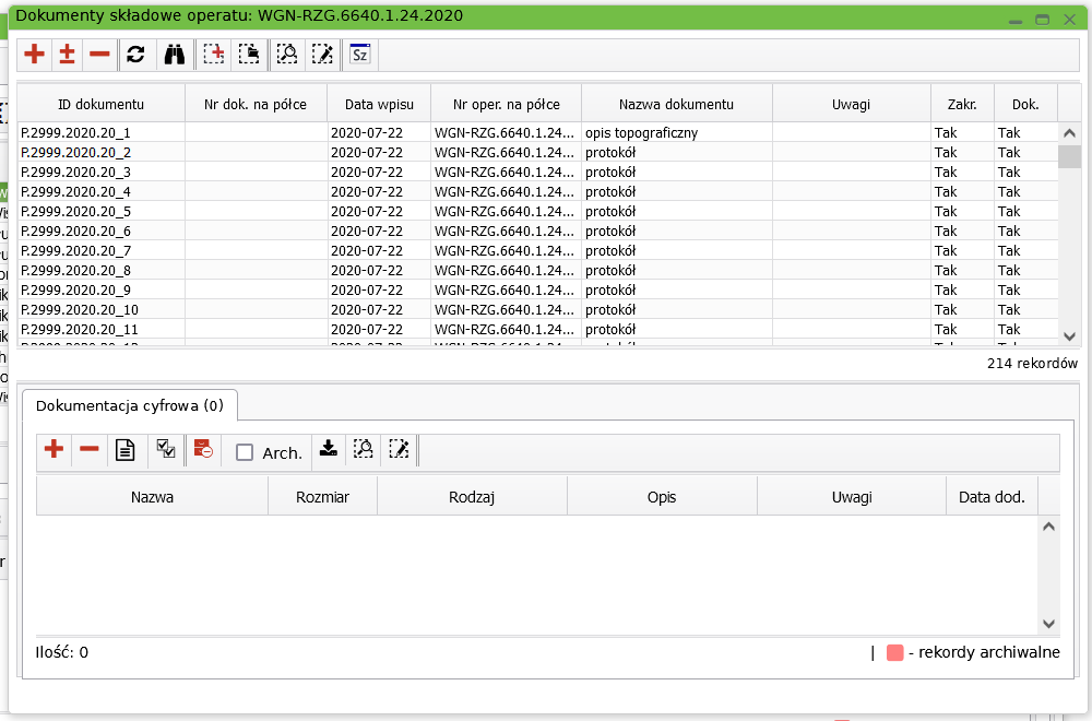 Widok okna dokumentów składowych operatu Widok okna dokumentów składowych operatu