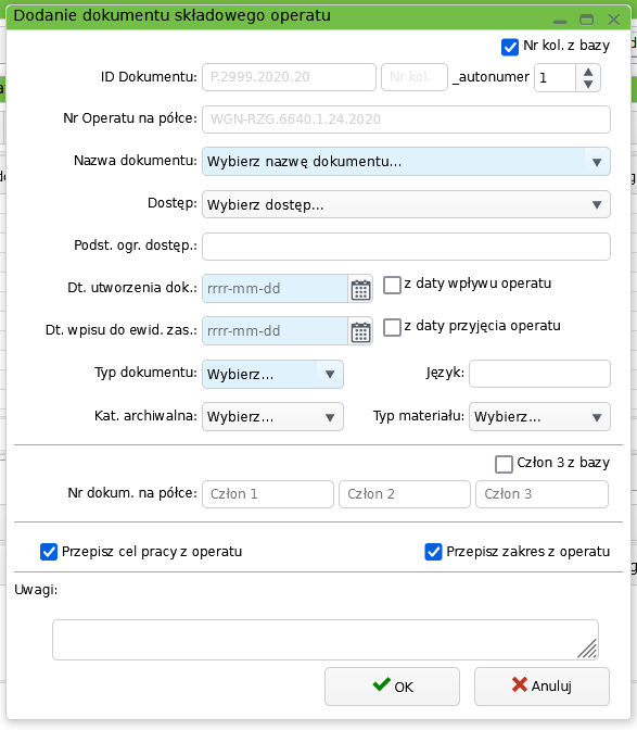 Widok okna dodania dokumentu składowego operatu Widok okna dodania dokumentu składowego operatu