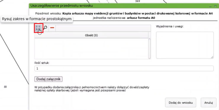 Widok okna: Uszczegółowienie przedmiotu wniosku Widok okna: Uszczegółowienie przedmiotu wniosku