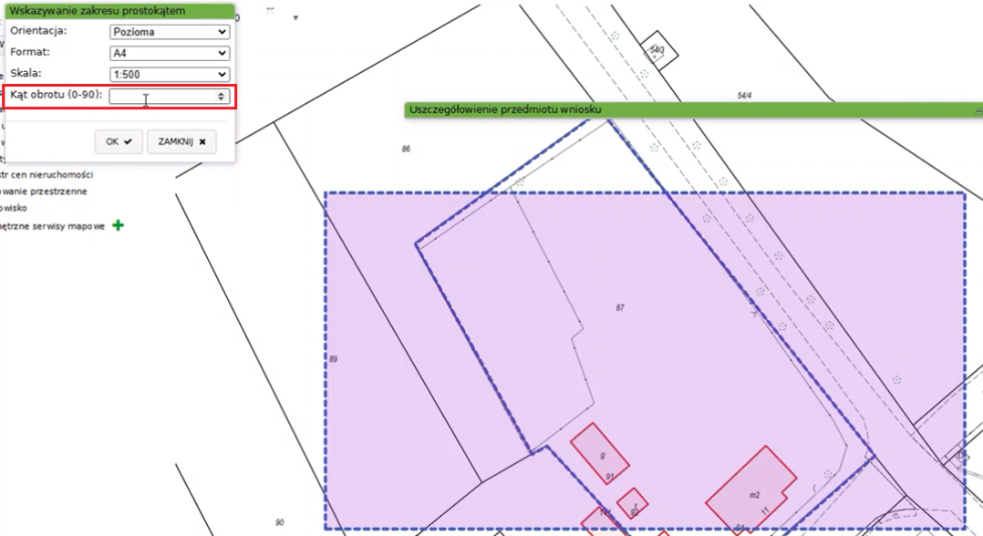 Widok mapy i okna wskazywania zakresu prostokątem Widok mapy i okna wskazywania zakresu prostokątem