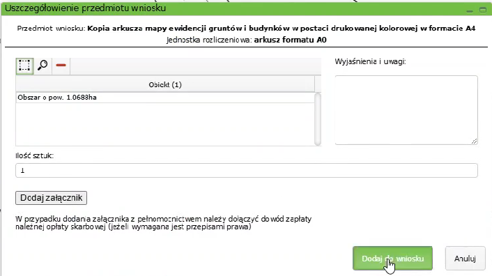 Widok okna: Uszczegółowienie przedmiotu wniosku Widok okna: Uszczegółowienie przedmiotu wniosku