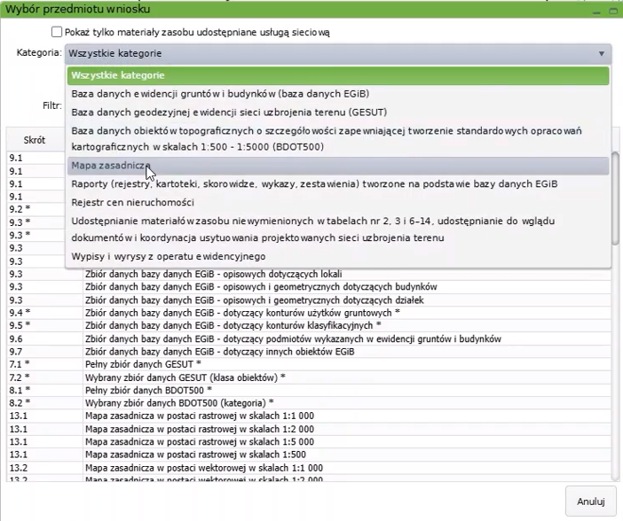 Widok okna wyboru przedmiotu wniosku Widok okna wyboru przedmiotu wniosku
