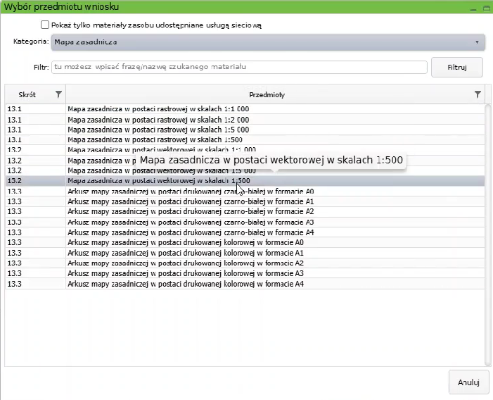 Widok okna wyboru przedmiotu wniosku Widok okna wyboru przedmiotu wniosku