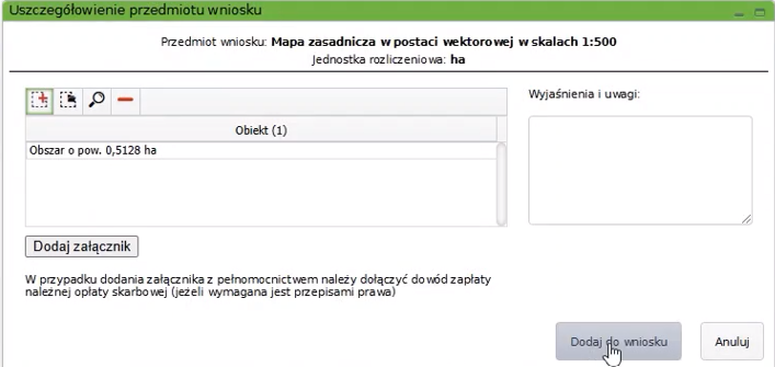 Widok okna: Uszczegółowienie przedmiotu wniosku, z pozycja na liście Widok okna: Uszczegółowienie przedmiotu wniosku, z pozycja na liście