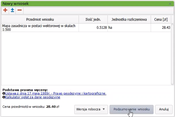 Widok okna z nowym wnioskiem Widok okna z nowym wnioskiem