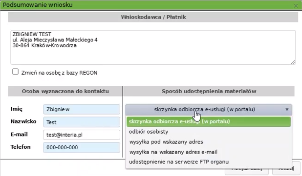 Widok okna podsumowania wniosku Widok okna podsumowania wniosku
