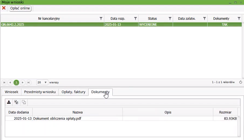 Widok okna: Moje wnioski z zakładką: Dokumenty Widok okna: Moje wnioski z zakładką: Dokumenty