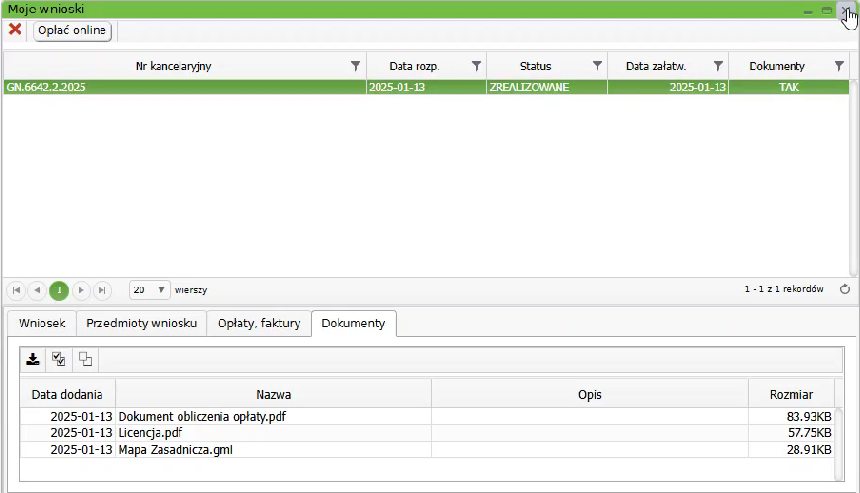 Widok okna: Moje wnioski z zakładką: Dokumenty Widok okna: Moje wnioski z zakładką: Dokumenty