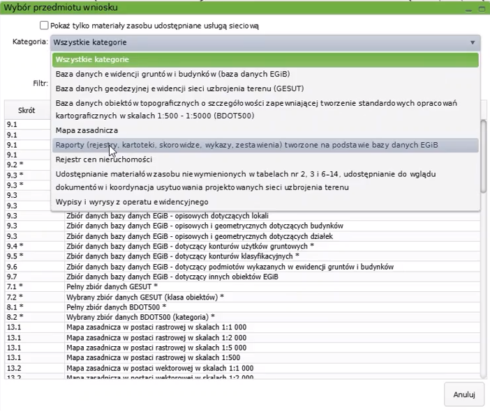 Widok okna wyboru przedmiotu wniosku Widok okna wyboru przedmiotu wniosku