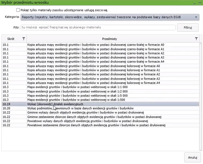 Widok okna wyboru przedmiotu wniosku Widok okna wyboru przedmiotu wniosku
