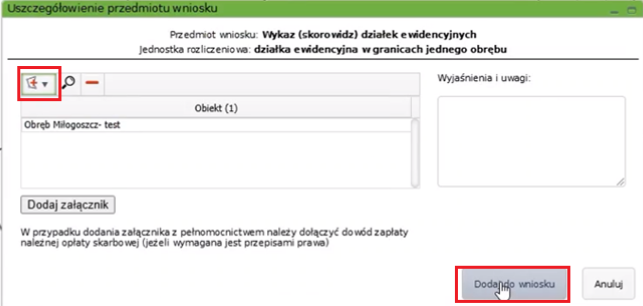 Widok okna: Uszczegółowienie przedmiotu wniosku Widok okna: Uszczegółowienie przedmiotu wniosku