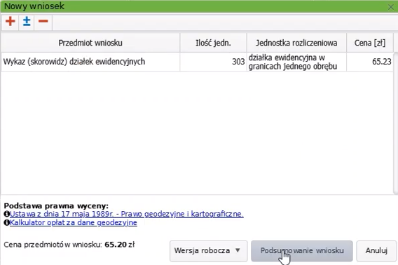 Widok okna z nowym wnioskiem Widok okna z nowym wnioskiem