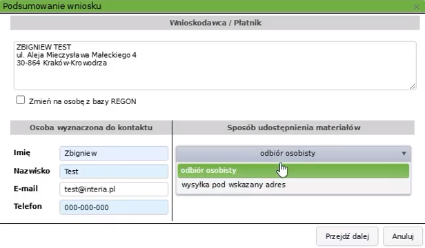 Widok okna podsumowania wniosku Widok okna podsumowania wniosku