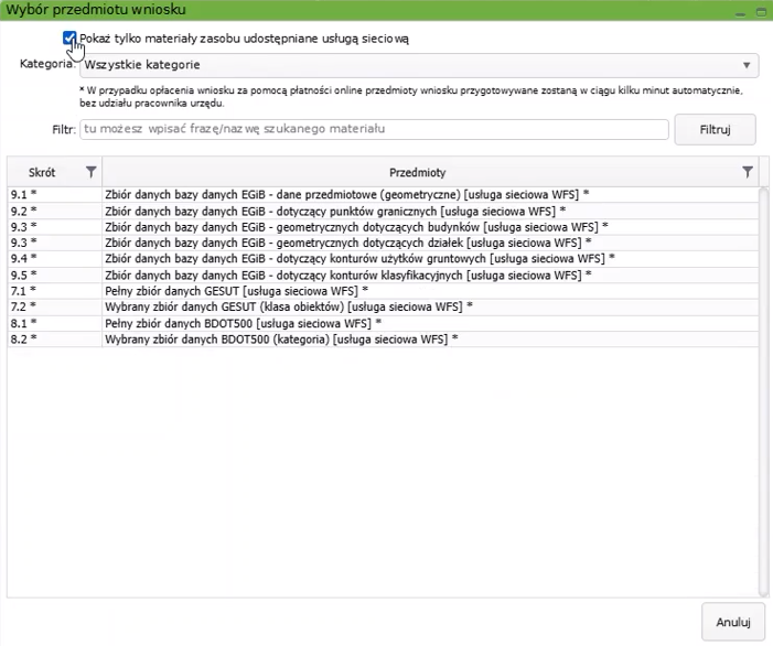 Widok okna wyboru przedmiotu wniosku Widok okna wyboru przedmiotu wniosku