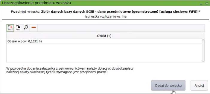 Widok okna: Uszczegółowienie przedmiotu wniosku z pozycją na liście Widok okna: Uszczegółowienie przedmiotu wniosku z pozycją na liście