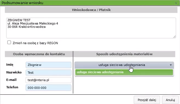 Widok okna podsumowania wniosku Widok okna podsumowania wniosku