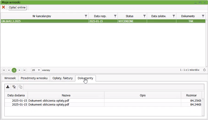 Widok okna: Moje wnioski z zakładką: Dokumenty Widok okna: Moje wnioski z zakładką: Dokumenty