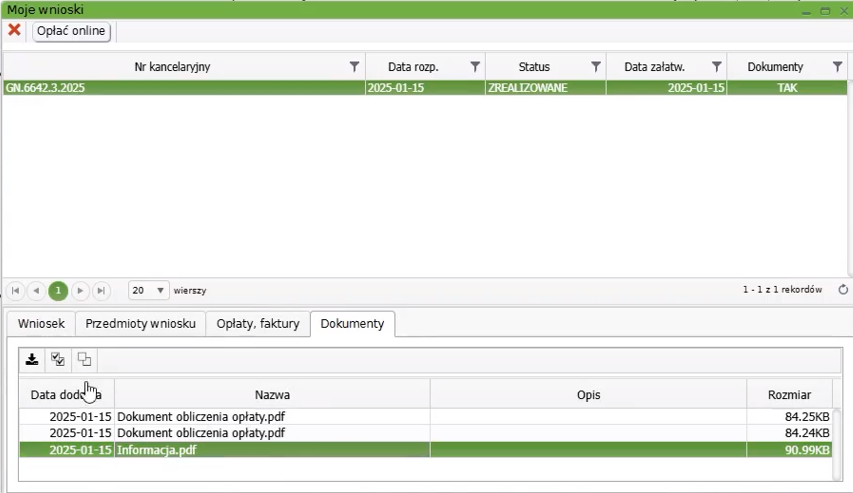 Widok okna: Moje wnioski z zakładką: Dokumenty Widok okna: Moje wnioski z zakładką: Dokumenty