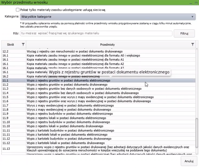 Widok okna wyboru przedmiotu wniosku Widok okna wyboru przedmiotu wniosku
