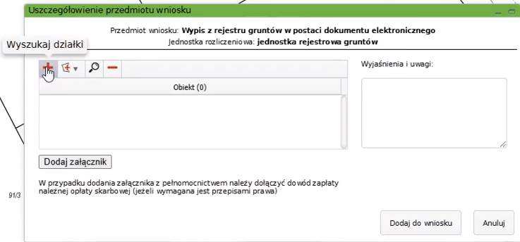Widok okna: Uszczegółowienie przedmiotu wniosku Widok okna: Uszczegółowienie przedmiotu wniosku