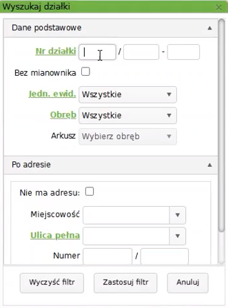 Widok okna wyszukiwania działek Widok okna wyszukiwania działek