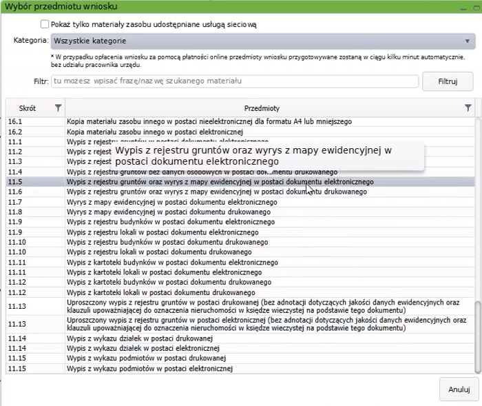 Widok okna wyboru przedmiotu wniosku Widok okna wyboru przedmiotu wniosku