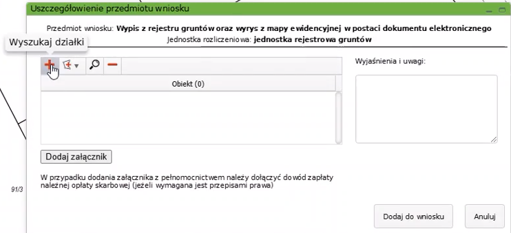 Widok okna: Uszczegółowienie przedmiotu wniosku Widok okna: Uszczegółowienie przedmiotu wniosku